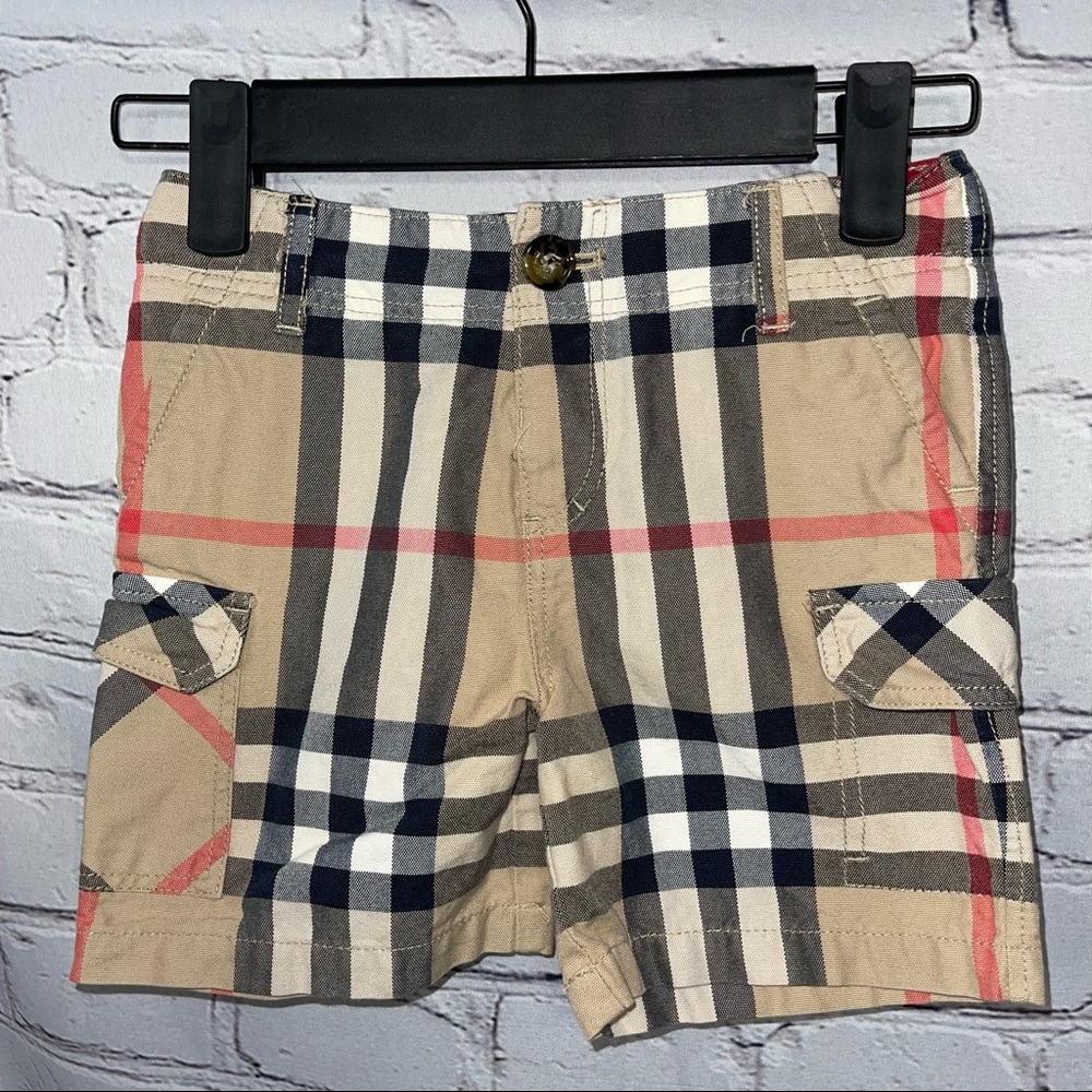 Burberry Beige Nova Check Cargo Shorts with Black and Red Stripes